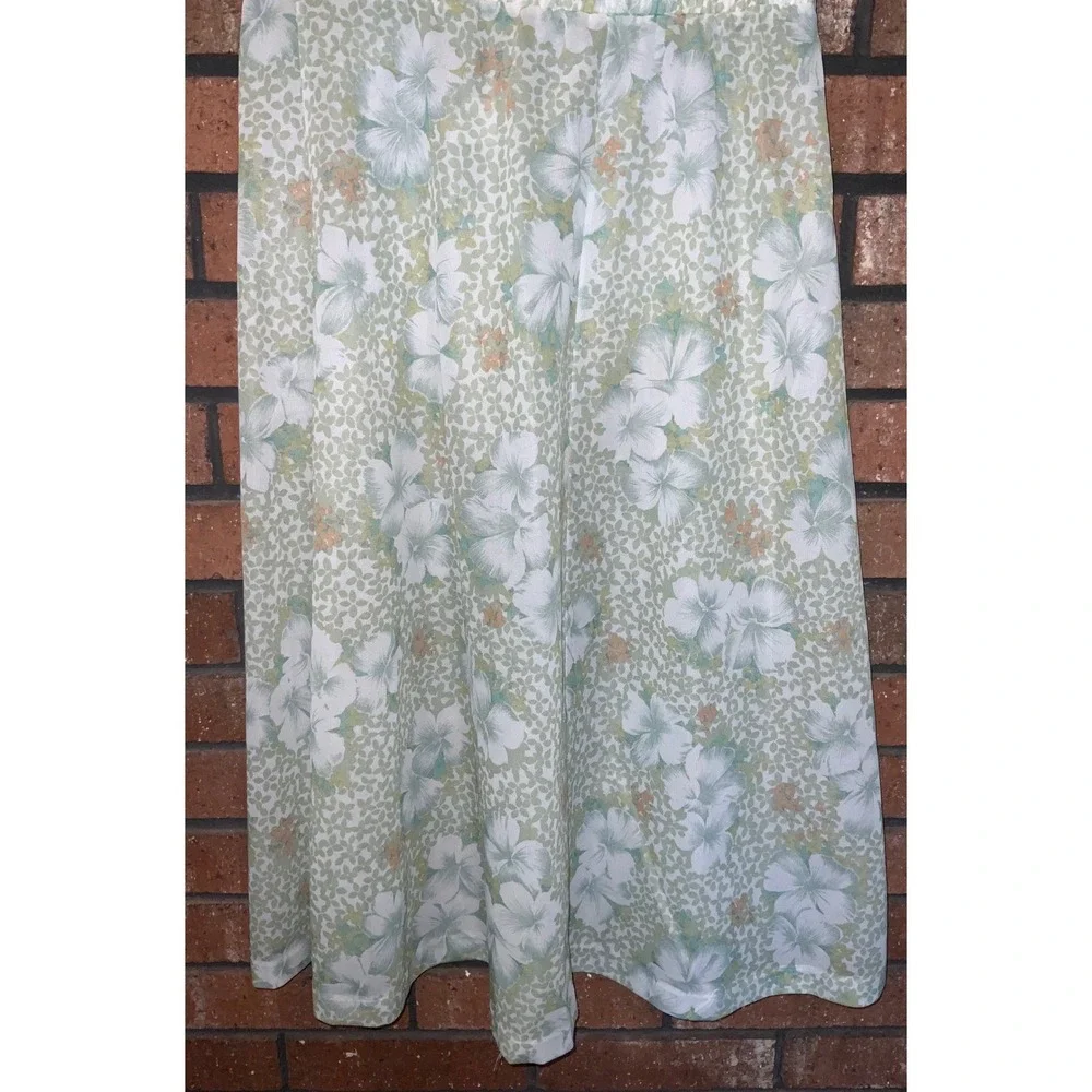Vintage Girls Floral Midi Skirt Sage Green Sheer Elastic Waist Retro A-Line 14